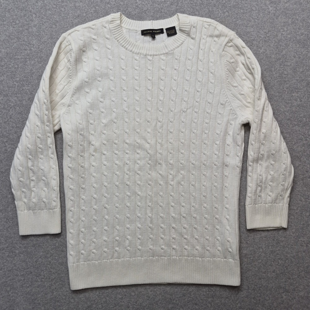 Jeanne Pierre Womens S Sweater White 100% Cotton Cable Knit Crew Neck Plus Size
